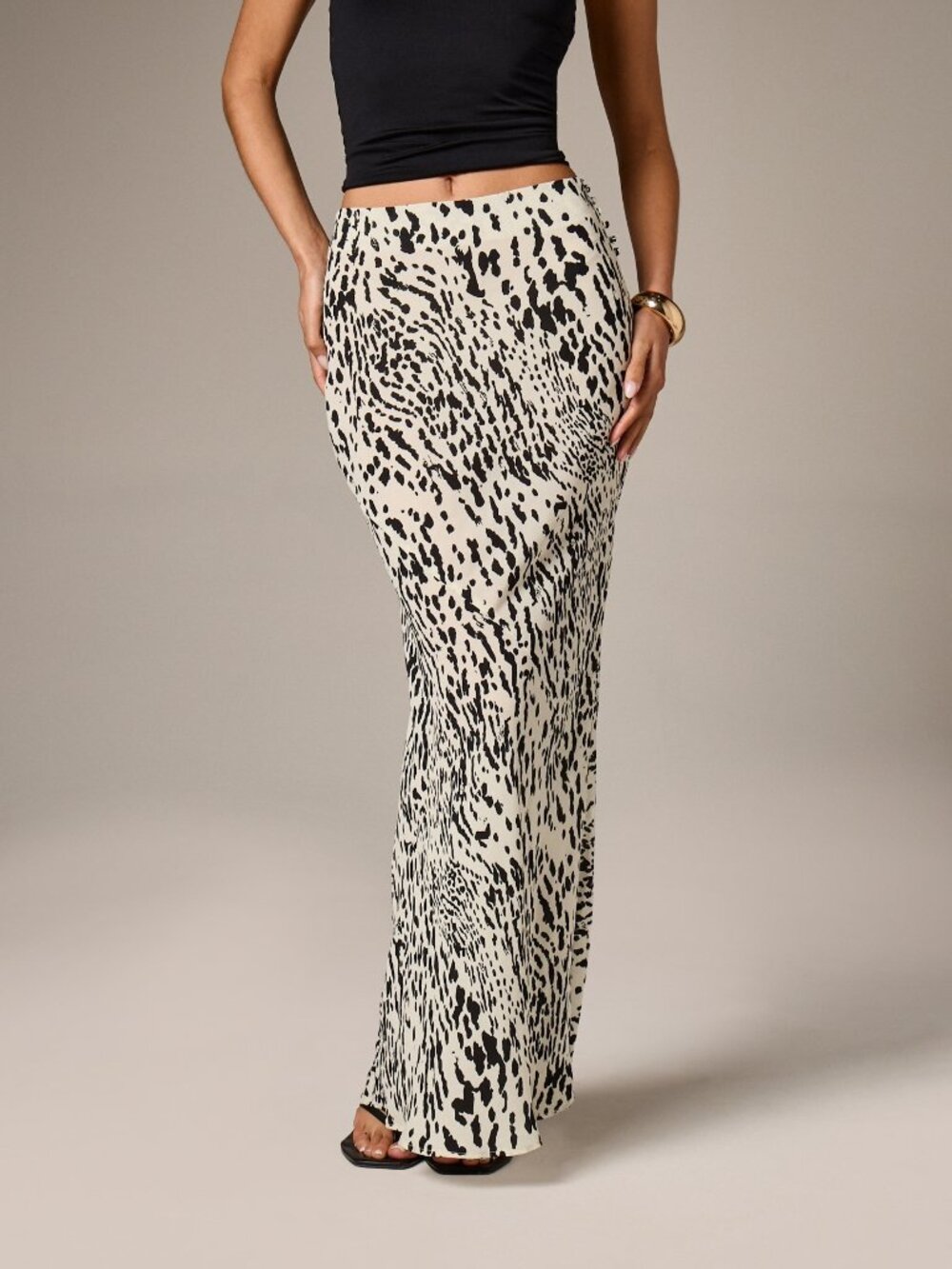 Black And White Elegant Women's Leopard Print Chiffon Maxi Skirt